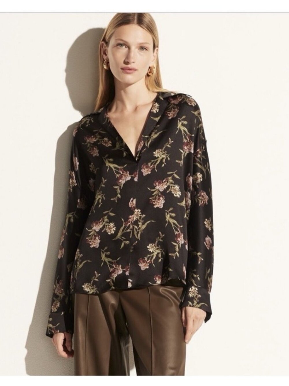 $365 Vince Iris Honeysuckle Blouse XL Women’s Lapel Collar Silk Popover Black